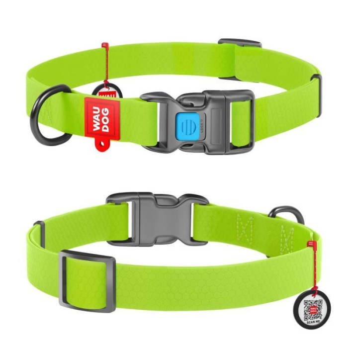 WAUDOG קולר PVC שחור עם תג QR בצבע ירוק מידה S