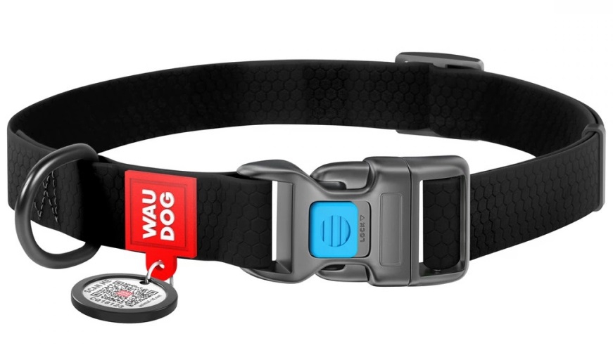 WAUDOG קולר PVC שחור עם תג QR בצבע אדום מידה S