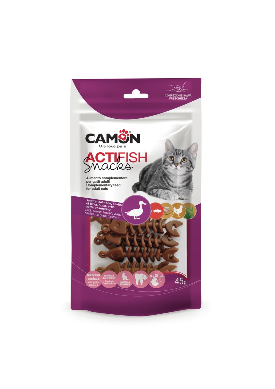 Camon חטיף עם משחק לחתול ברווז סלמון ועוף 45 גרם